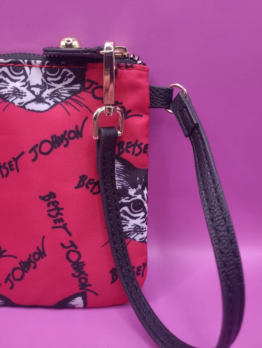 Betsey‎ Johnson Red Cat Print Wristlet with Black Strap